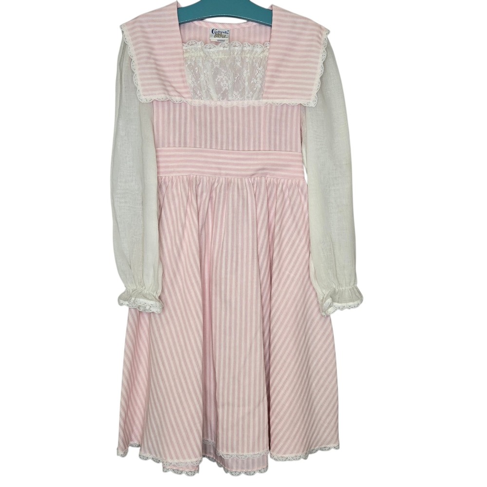 Vtg‎ 70s Cinderella Dress 8 Pink Striped Sailor Collar Lace Prairie Coquette